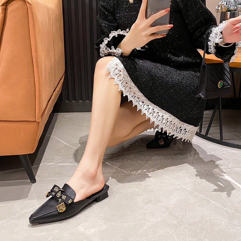 B8 Baotou Half Slippers Women's Outerwear New Style Square Head Coarse Heel Soft Bottom Lazy Muller Shoes Large Women's Shoes 41-43