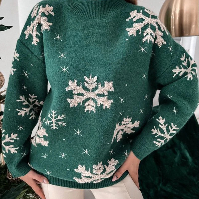 Winter Womens Christmas Sweater 3D Snowflake Printed Warm Thick Jumper Knitted Y2K Clothing Super Complete Set of Pulling Lines 241113