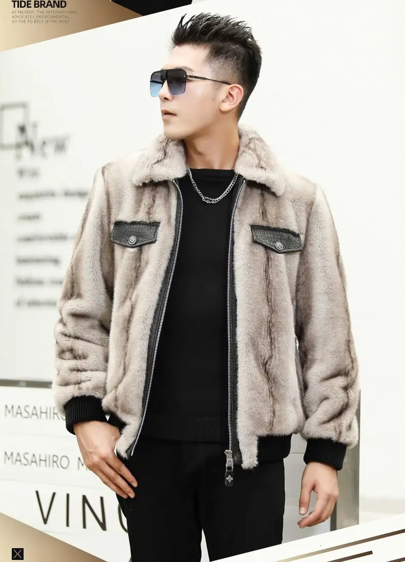 Winter Mens Mink Coat Mens Short Sleeve Collar Coat Mens Fur Warm Jacket I480 241112