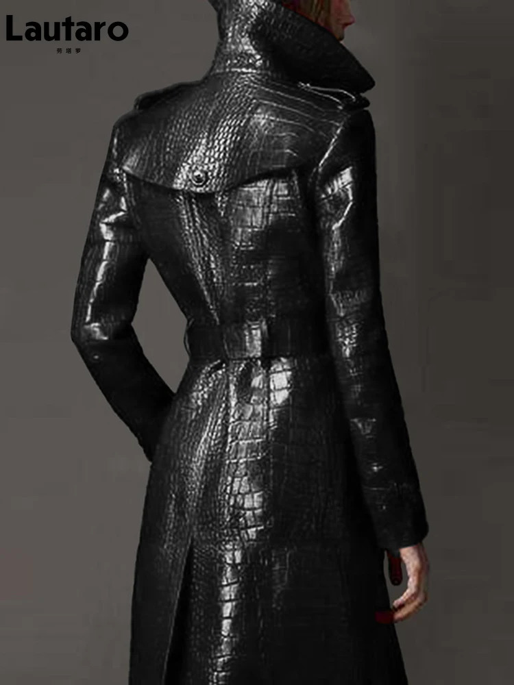 Lautaro Autumn Long Black Pattern Pu Leather Trench Coat for Women Belt Double Breasted Stylish British Style Fashion 241113
