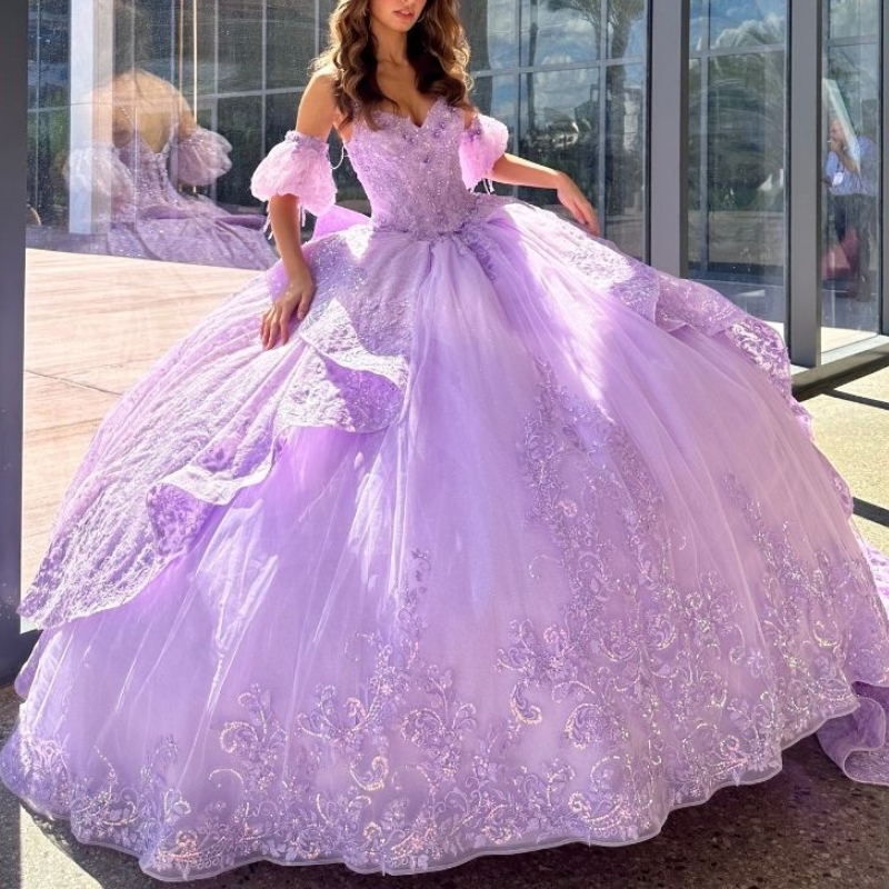Lavender Shiny Sweetheart Quinceanera Dresses Off the Shoulder Party Birthday Dress for Sweet 16 Tulle Sequin Applique Lace Beads Ball Gown Vestid 15 