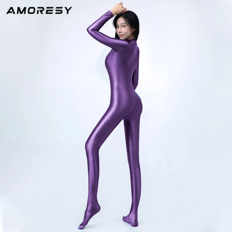 AMORESY Smooth Competitive One Piece Role Playing Oil Long Sleeve Thin Tight Sports Tight jumpsuit Zipper jumpsuit 241112
