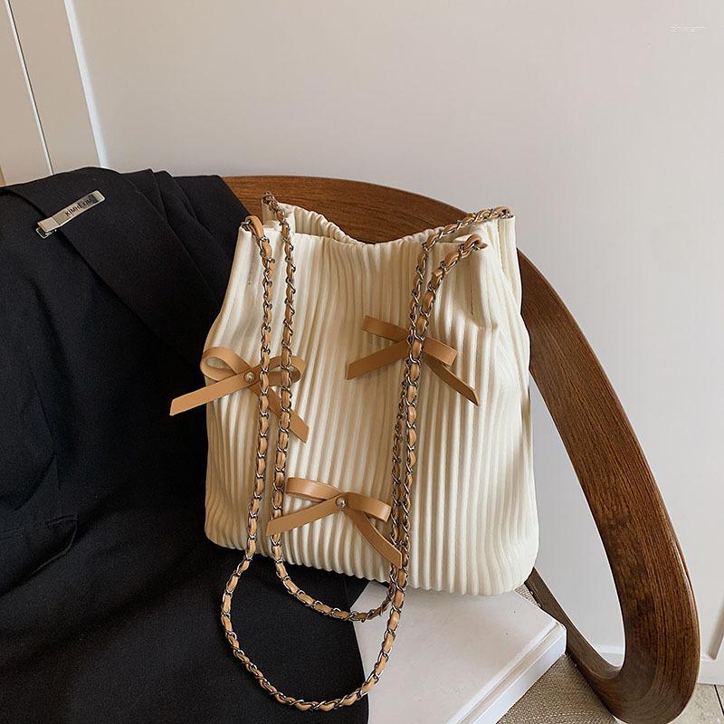 Drawstring Fashion Bucket Bag Korean Style Simple Casual Shoulder Summer Niche Pleated Handbag Bow Women's zhanyishengli