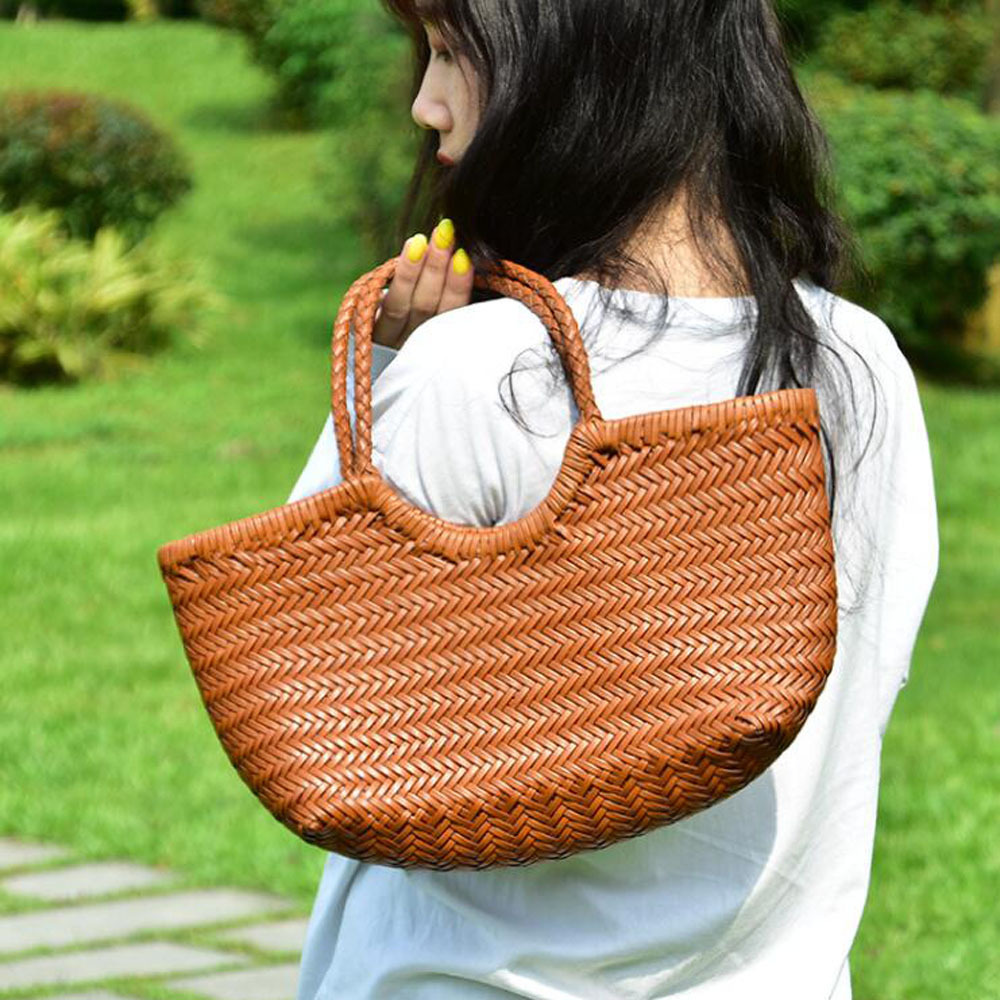 Fashion Handbags Woman Cow Second Layer Split Leather Weave Shopping Basket Tote Purse Handle Bags Split Leather Zipper BagVoyage