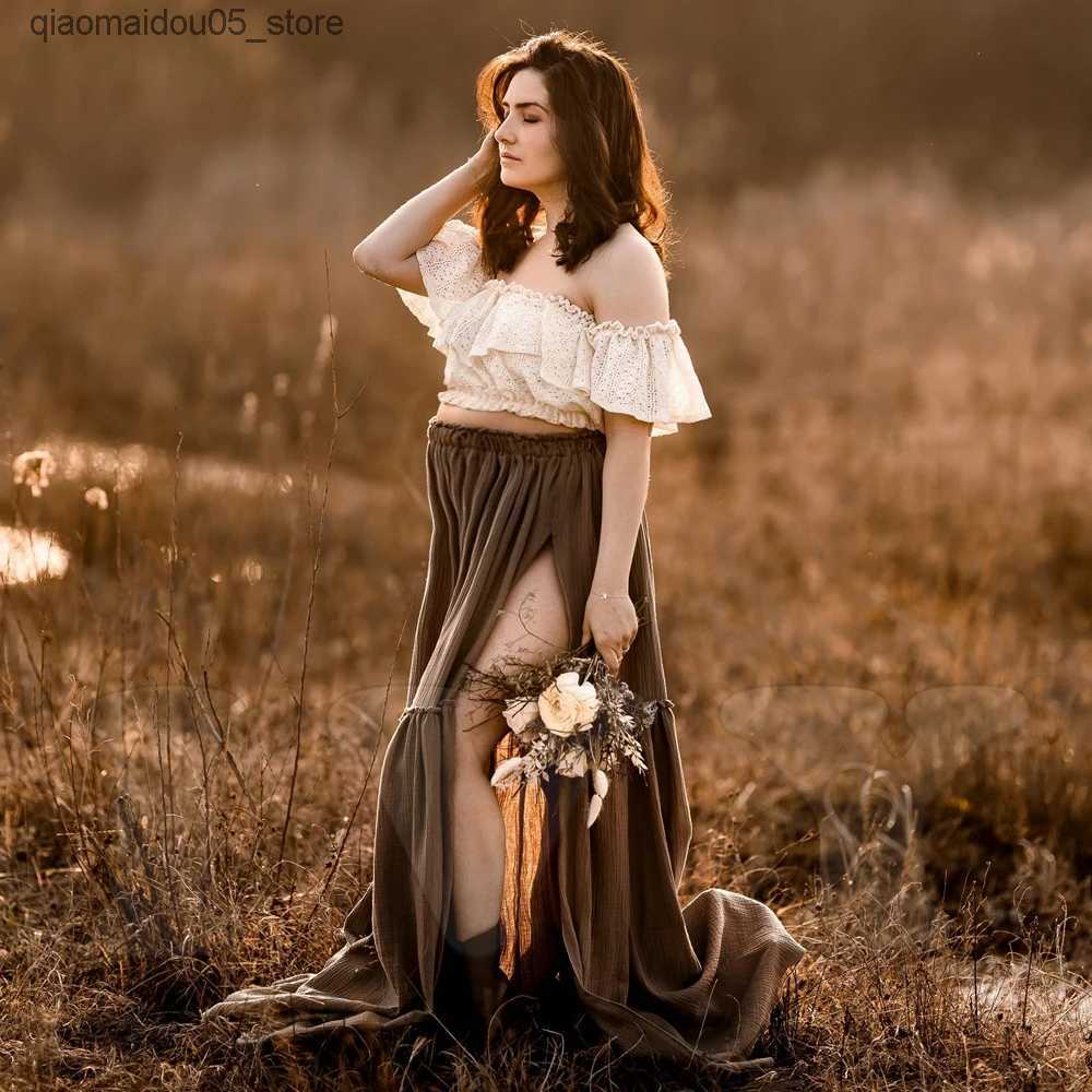 Maternity Dresses Bohemian Pregnant Womens Dress Lace and Linen Cotton Combination Two Piece Set Contrast Color Retro Design PhotoShoot Q240413