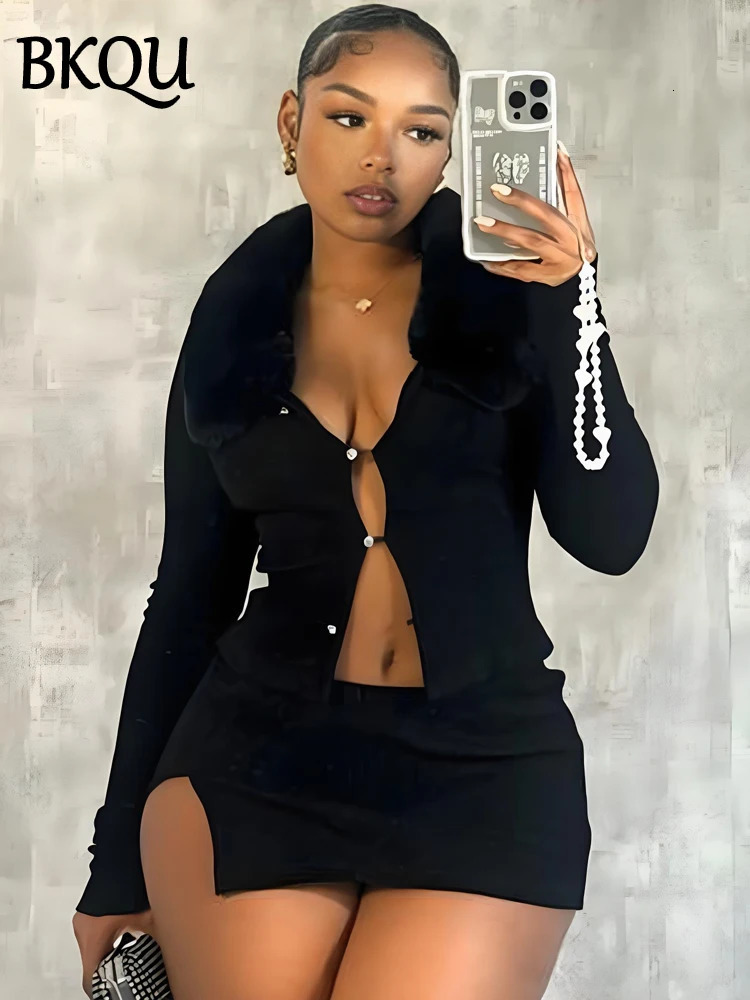 BKQU sexy fur collar hollow crop top mini skiing womens 2-piece set autumn elegant knitted tight nightclub dress 241112