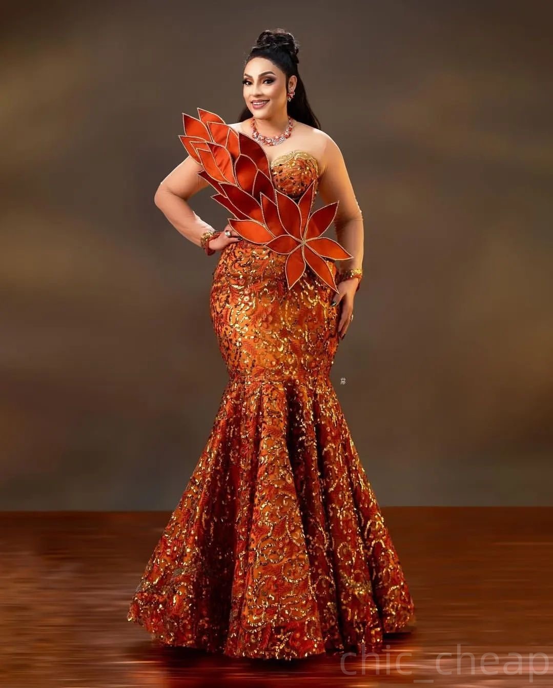 2024 Plus Size Orange Mermaid Prom Dresses For Special Occasions Florals Lace Full Sleeves Evening Party Birthday Gowns Dress For Women Vestidos de no