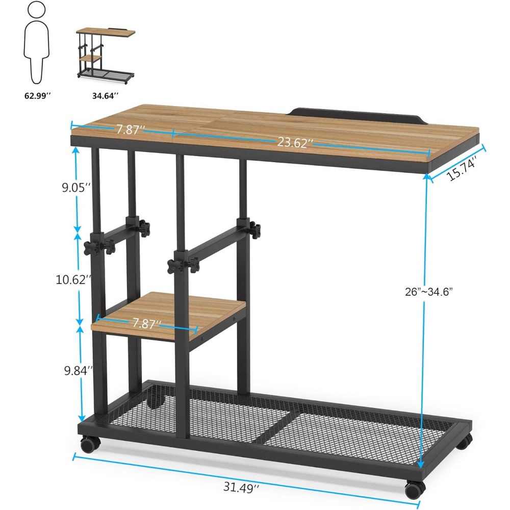 Height Adjustable End Table with Wheels and Tiltable Drawing Board, Sofa Bedside Laptop Stand, Height Adjustable C Table