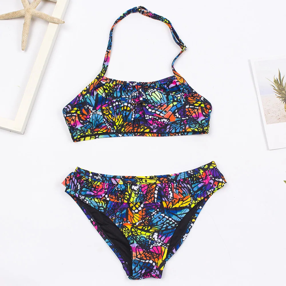 7-14 Years Falbala Print Girls Kids Swimsuit Swimwear Kid Summer Bikinis Set Children Halter Biquini Swimming Suit A318 240412