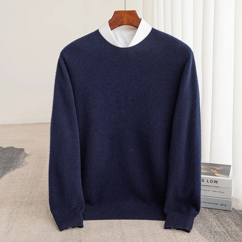Autumn and winter 100% pure wool mens round neck business casual sweater cashmere bottom sweater 241113