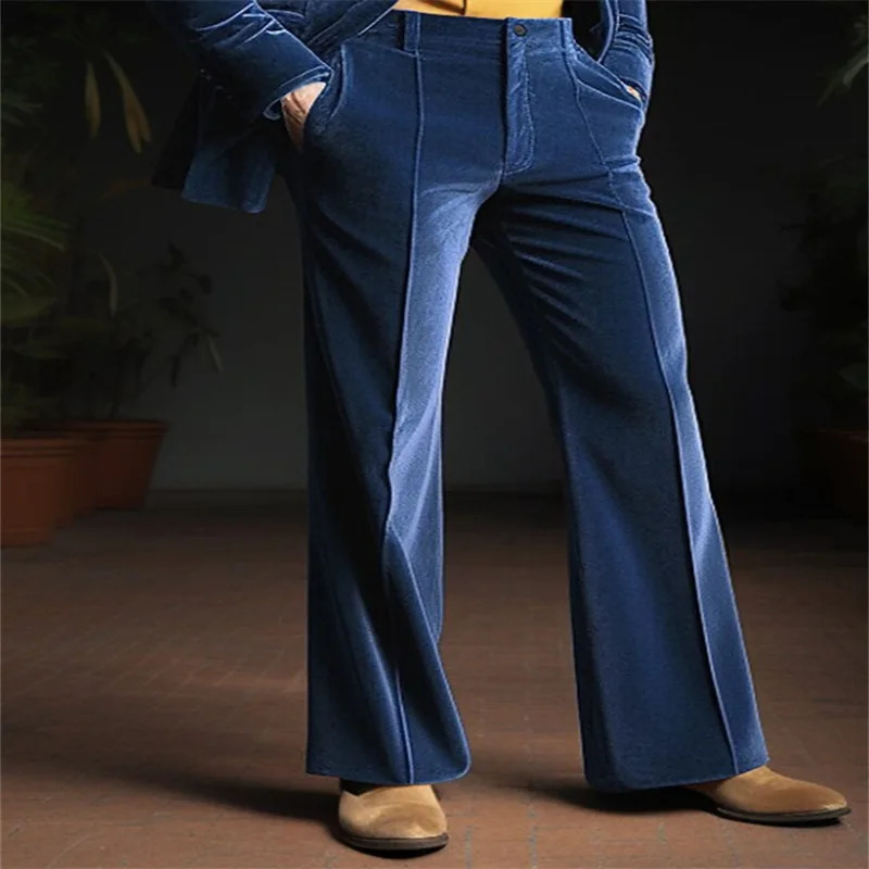 Mens Retro Flare Velvet Pants Pure Green Blue Soft Full Length Trouser Plus Size Mens Stand up Pocket Casual Boots Tailored Sports Pants 241113