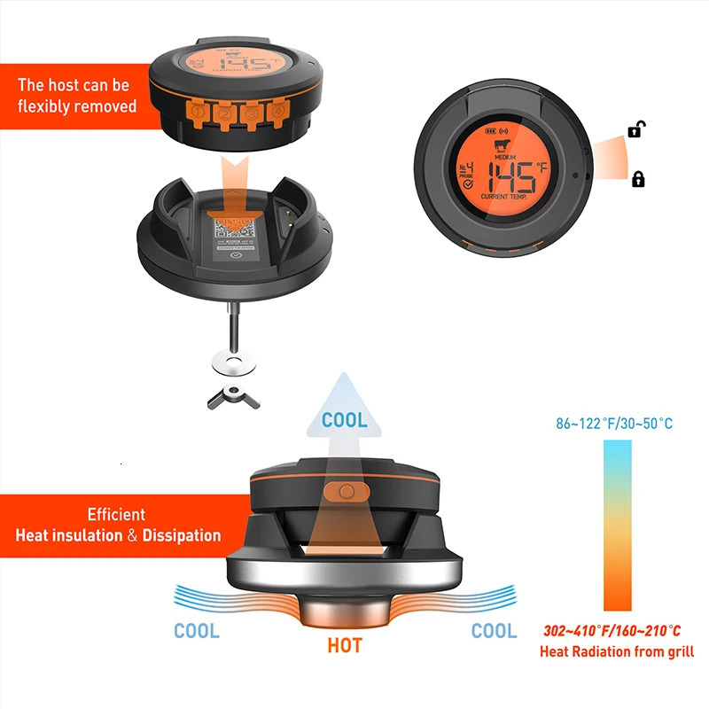 2024 Upgrade Outdoor Digital Wireless Bluetooth Dome Cooking Food Meat Temperature Gauge for Barbecue Charcoal Grill and Oven Smokers 241113