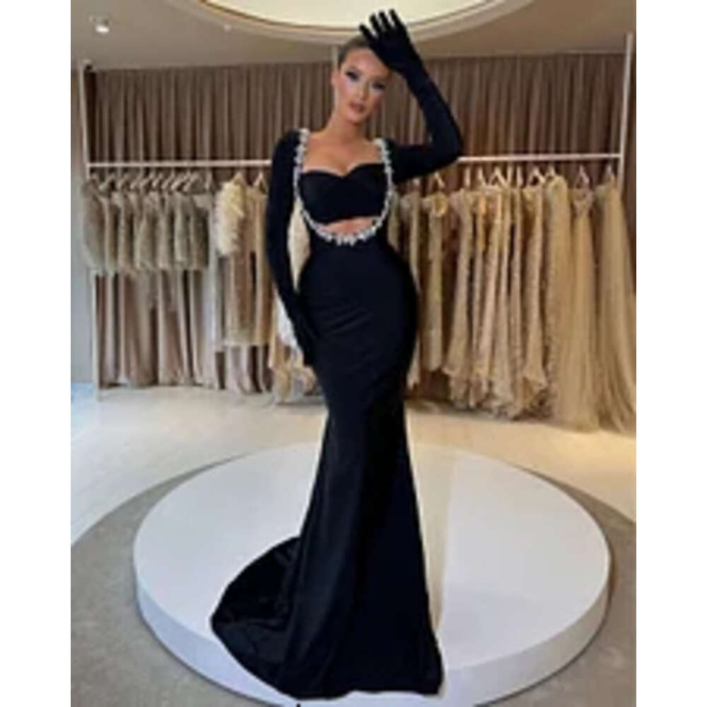Classic Evening Elastic Satin Black Long Sleeve Beaded Crystal Mermaid Prom Dress Formal Party Gown No Gloves 0220