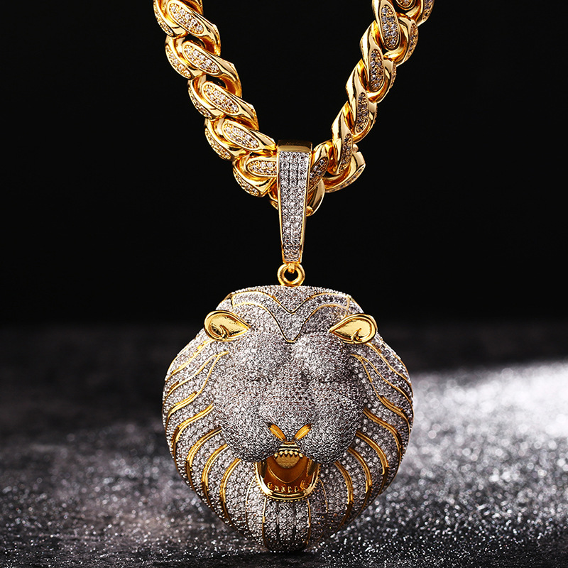 Hip Hop Large Lion Head Pendant Necklace TopBling 5A Zircon 18k Real Gold Plated Mens Jewelry