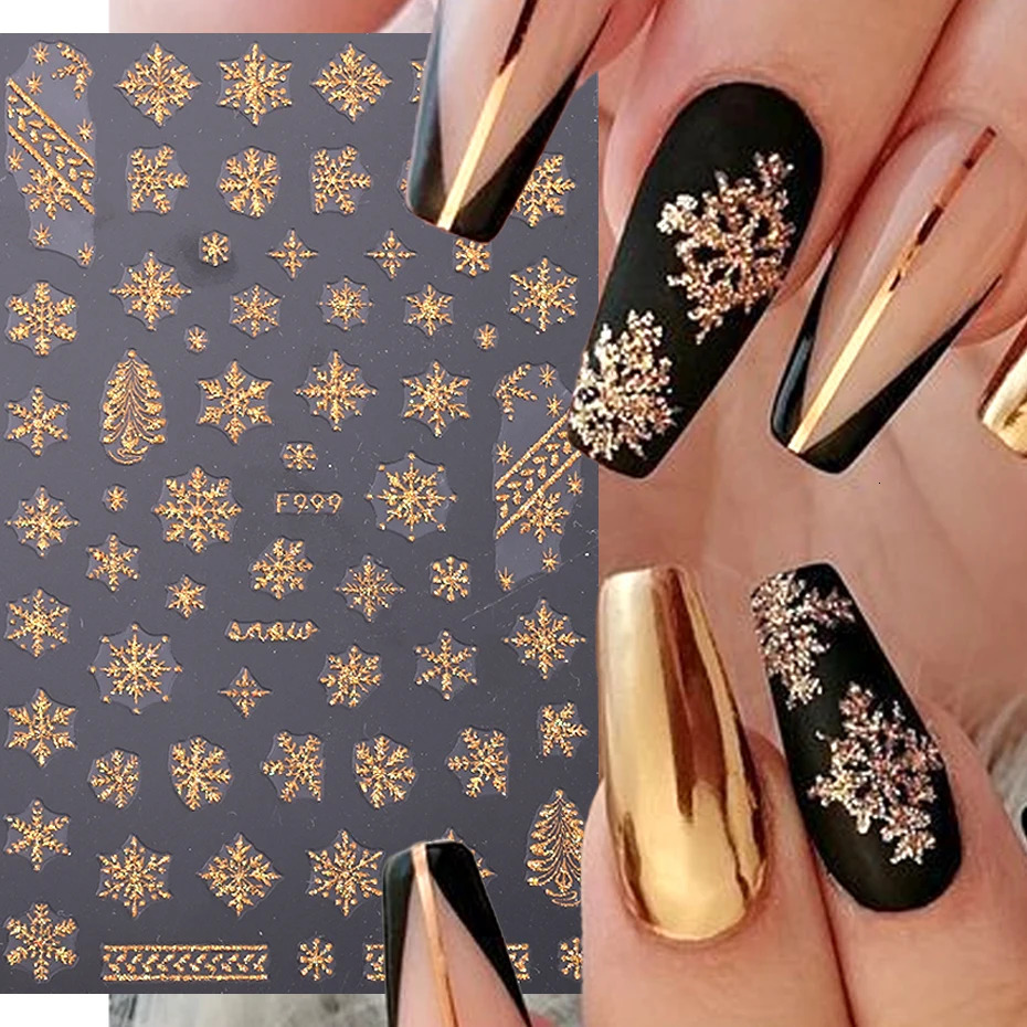 3D Gold Glitter Snowflake Nail Sticker Winter Reflective White Sweater Star Dancer Christmas Tree Foil Xmas Year Decal Tips 241112
