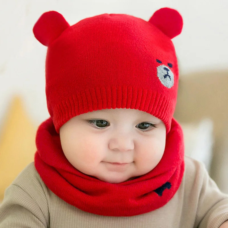 2Pcs/Set Cartoon Bear Cat Baby Hat Scarf Set Winter Warm Knitted Baby Boys Girls Hat Bonnet Infant Toddler Kids Caps Beanie 241112