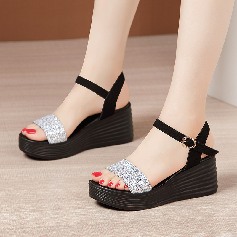 High quality summer wedge sandals for women 7cm high heel 2024 size 33 34 42 43 platform open toe elegant shoe black gold silver