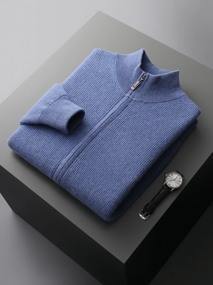 ADDONEE autumn mens zipper cardigan plain collar thick cashmere sweater 100% Merino wool knitted intelligent casual sweater jacket 241113