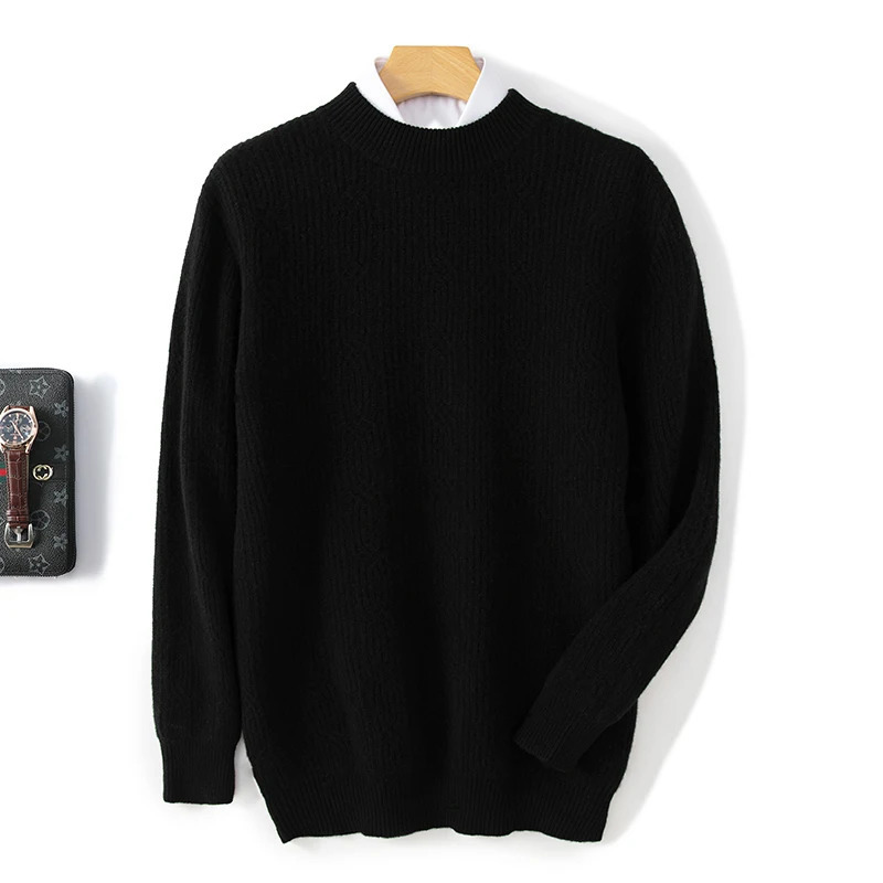 Mens Winter Round Neck Thick Package Knitted Fried Dough Twisted Jacquard Sweater 100% Wool Loose Knitted Hoodie 241113