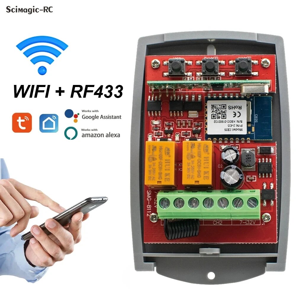 Tuya WIFI Garage Door Opener Gate Receiver 2CH 433mhz 433.92mhz Universal Fixed Rolling Code Multi Brand Controller Switch
