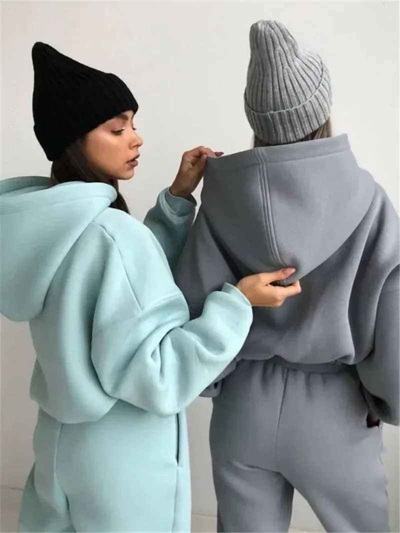 Women Winter Two Piece Set Tracksuit Solid Color Suit 2023 Autumn Trouser Suits Fe Sweatshirt Solid Sports Hoodie SportswearX241112