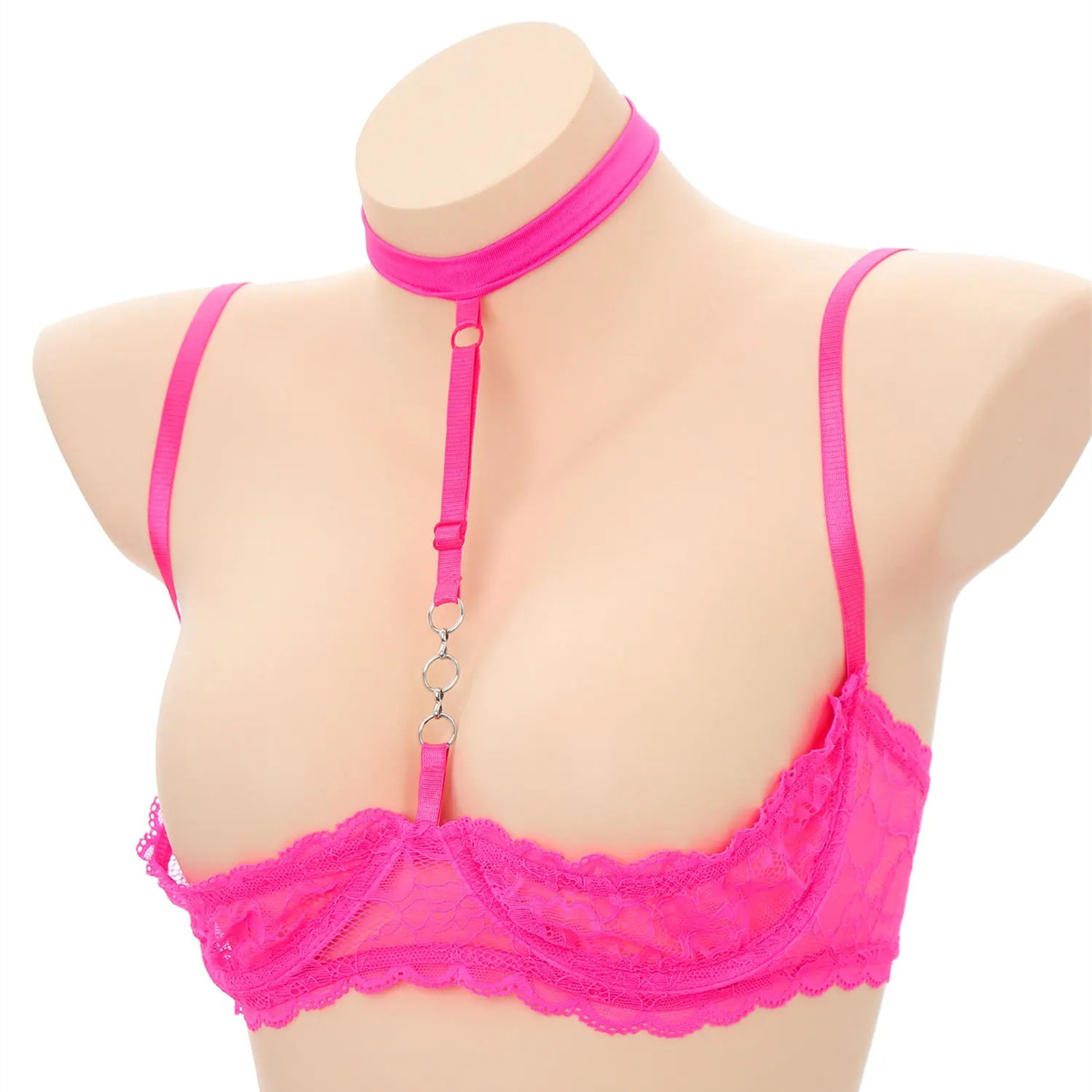 Underwire Cups Womens 1/4 Bra Halter Neck O Ring Sheer Lace Push Up Brassiere ddmysmile Lingerie Underwear Smile