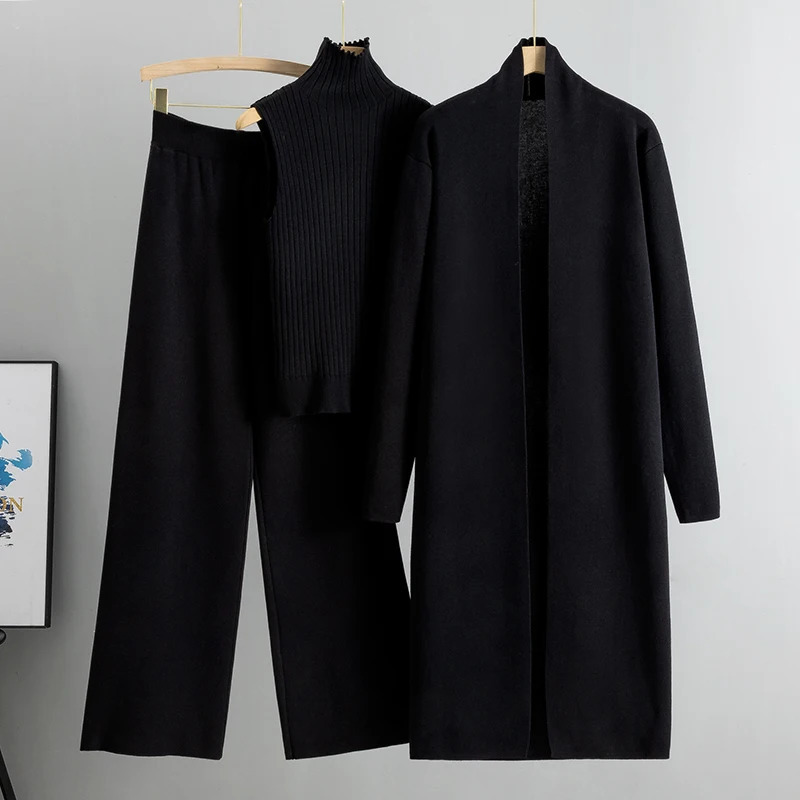 Spring Autumn 3 Piece Women Cardigan Tracksuits Fashion Knitted Pant Set Ladies Sweater Suit Vintage 240402