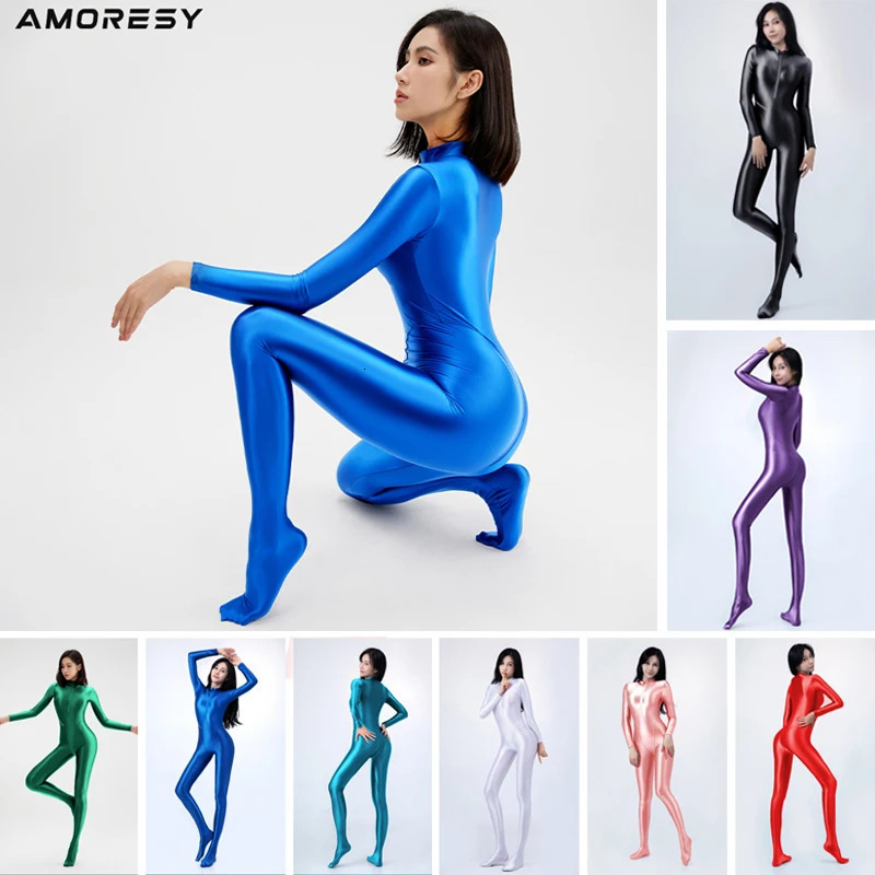 AMORESY Smooth Competitive One Piece Role Playing Oil Long Sleeve Thin Tight Sports Tight jumpsuit Zipper jumpsuit 241112