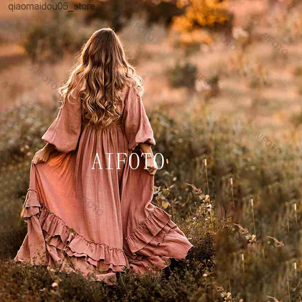 Maternity Dresses Linen Cotton Pregnant Women Bohemian Two Piece Photo Shooting Props Womens Dress Retro Top and Tight Baby Shower Q240413