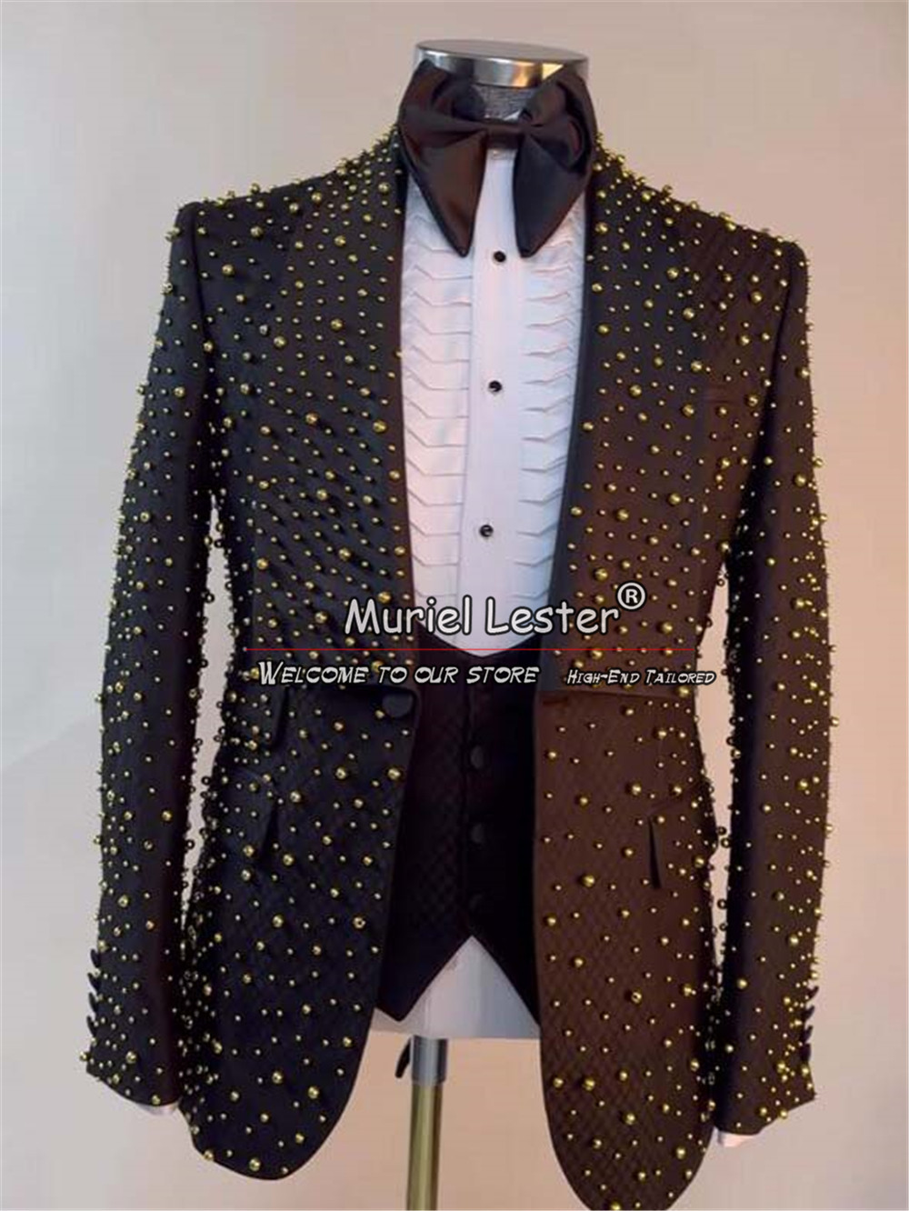Luxury Men's Suits For Wedding Heavy Gold Pearls Groom Tuxedos Custom Made 3 Pieces Formal Banquet Party Prom Blazers Bespoke