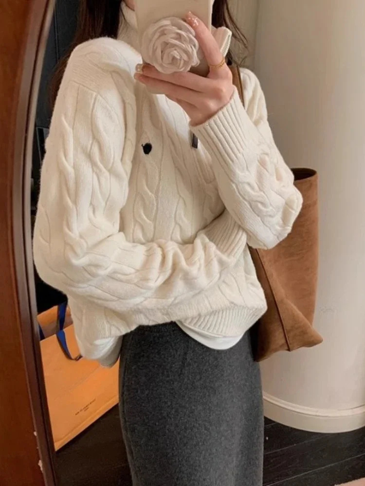 HOUZHOU Y2K Retro Street Clothing Knitted Floral Womens Casual Zipper Solid Embroidered Sweater Fall 241113