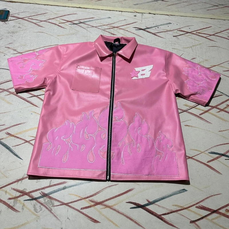 Y2K Flame Harajuku Leather Jacket Punk Style Fashion Embroidery USD Pattern Patch Mens Loose Rest Cardigan T-shirt 241112