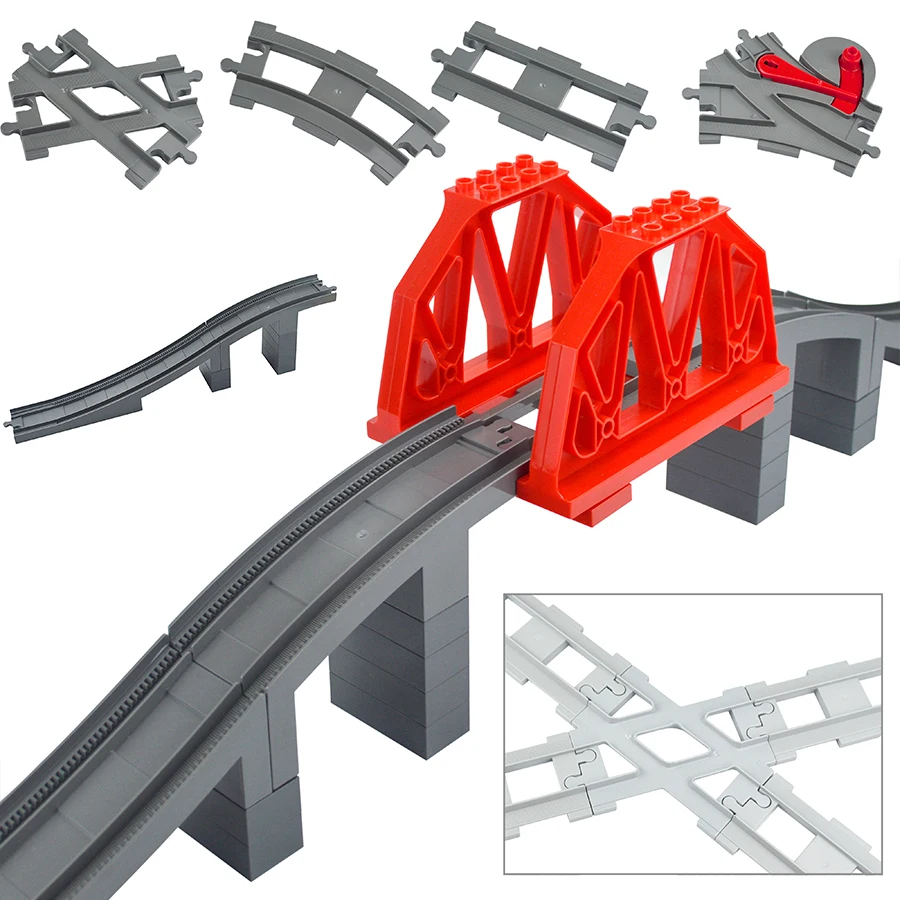 Big Size Railway Train Track Bricks Straight Curved Uphill Large Track Bridge Vehicle City Toy Building Brick Compatible Duploes