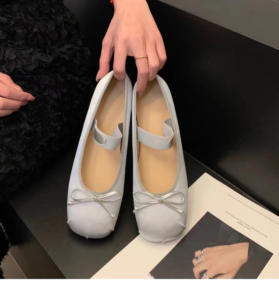 Designer silk New 0b7a9 Bowtie ballet big square toe ballerina shoes elastic band slip on New loafers women flats plus size 43