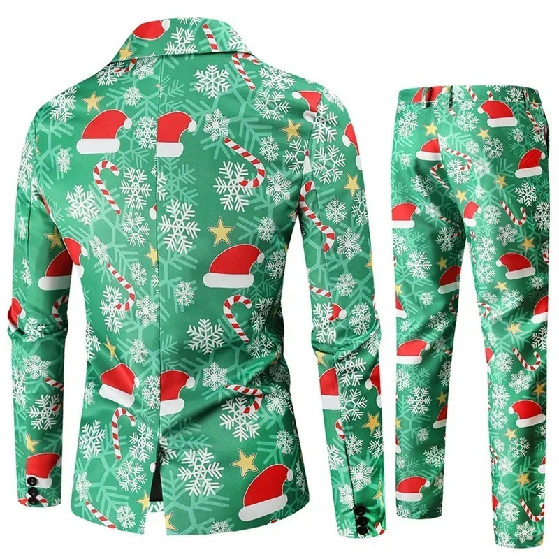 Men Tuxedo Suits Christmas 2 Piece Regular Fit Suit Snowflake Santa Print Blazer Jacket Pants Suit Set Party Outfits 241113