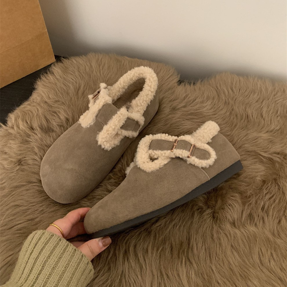 Retro thick soled brown velvet fur shoes for women, wearing warm cotton shoes for autumn and winter, snow boots for women