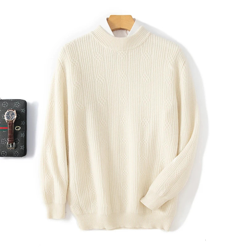 Mens Winter Round Neck Thick Package Knitted Fried Dough Twisted Jacquard Sweater 100% Wool Loose Knitted Hoodie 241113