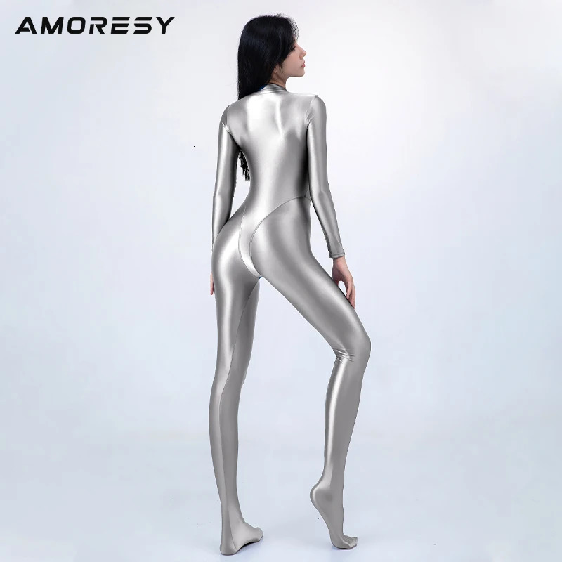 AMORESY Smooth Competitive One Piece Role Playing Oil Long Sleeve Thin Tight Sports Tight jumpsuit Zipper jumpsuit 241112