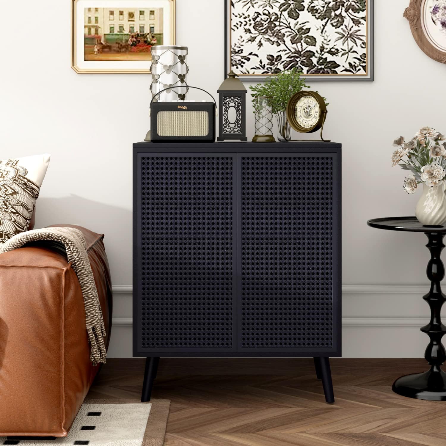 Metal Rattan Accent Cabinet - 2 Door Buffet Storage for Kitchen, Living Room and Hallway, Black