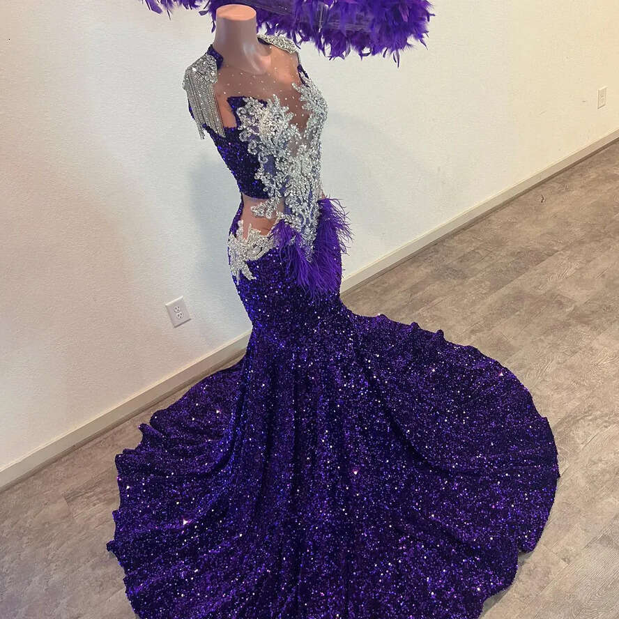 Sparkly Sequined Purple Prom Dresses Black Girls Beaded Tassel Long Evening Sheer Neck Party Ocn Graduation Gowns 0528