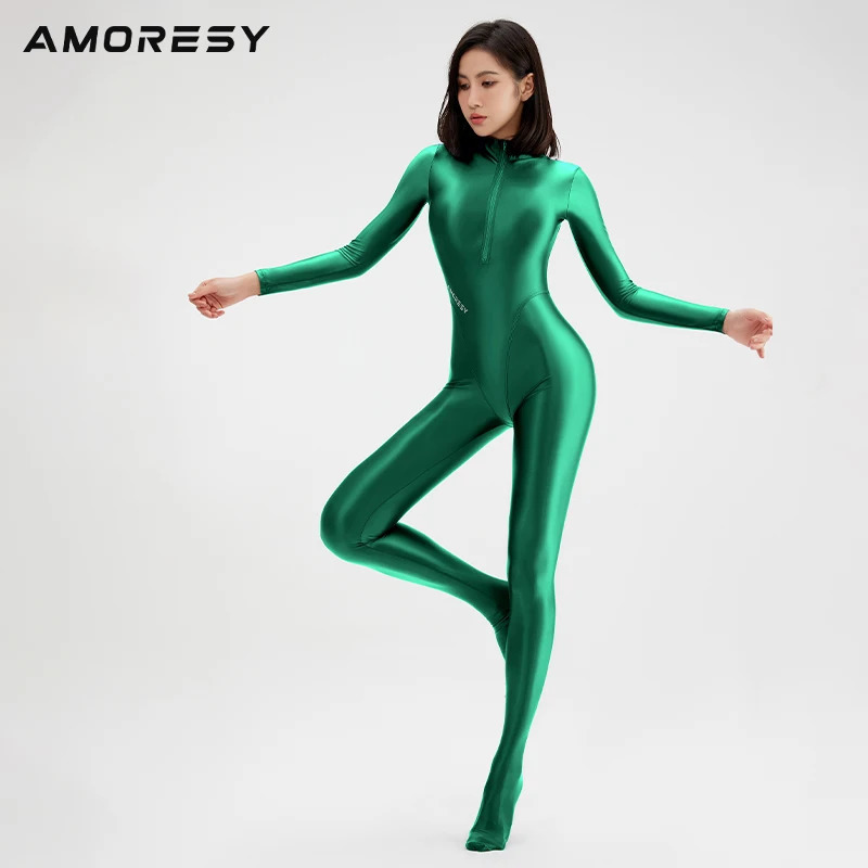 AMORESY Smooth Competitive One Piece Role Playing Oil Long Sleeve Thin Tight Sports Tight jumpsuit Zipper jumpsuit 241112