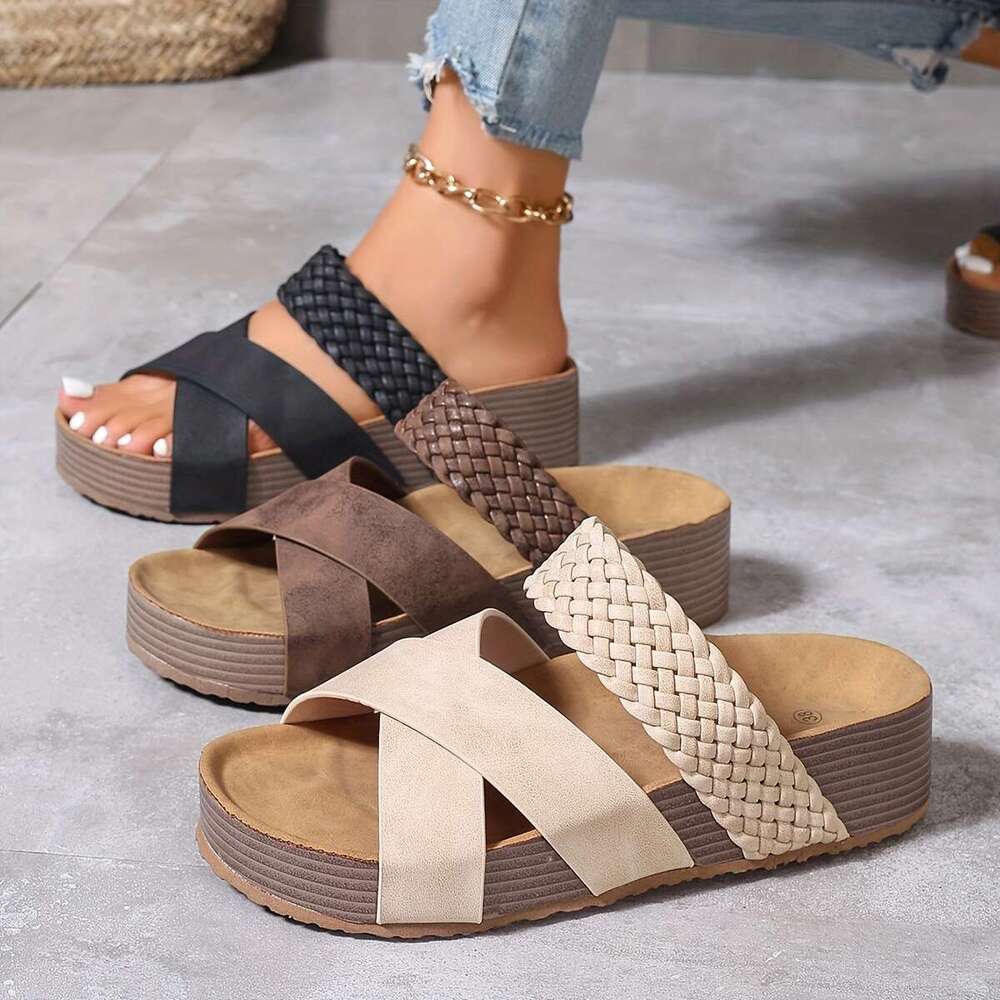 Summer Espadrille Women's Slide Sandals, Crisscross Band Open Toe Casual Outdoor Platform Slides