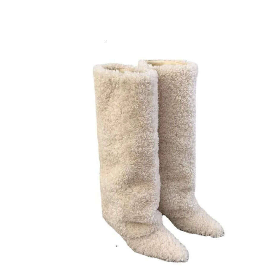 Women Winter Furry Thigh-high Pants Female Fashion Wedge Heeled Pointy Knee-high Boots 2025