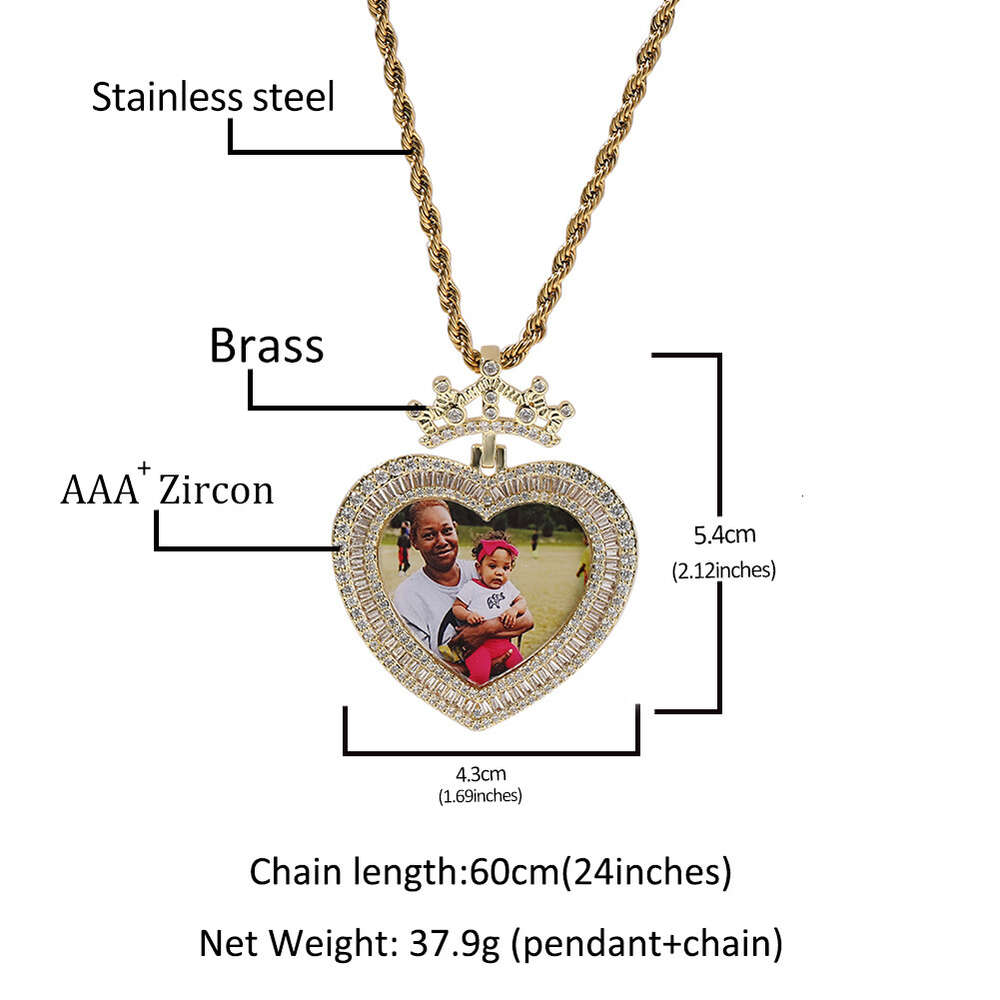 Crown Love Memory Photo Heart Frame Medal Pendant Necklace Top Quality Iced Out Cubic Zirconia Hip Hop Punk Custom Picture Personalized Bling Gemstone