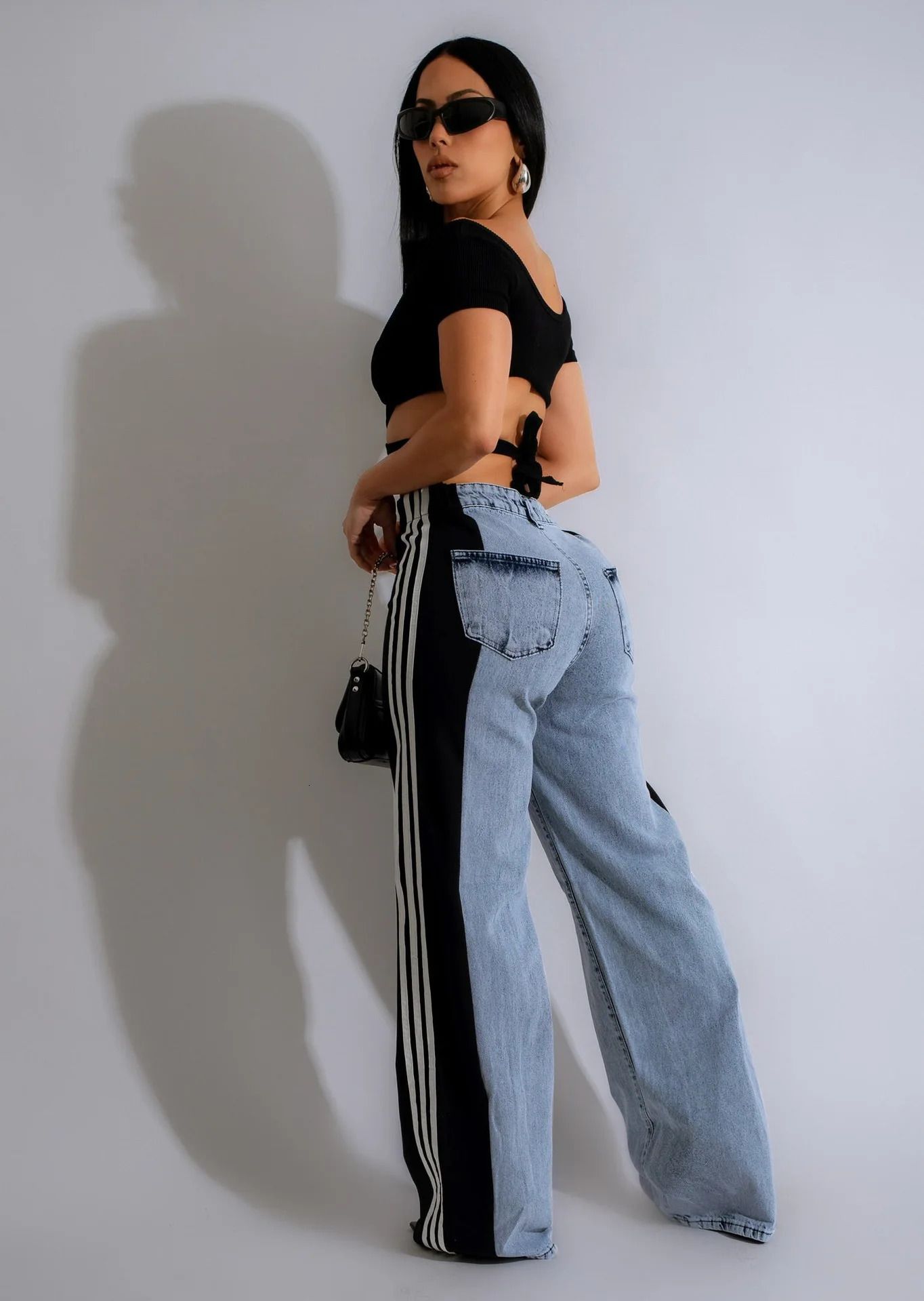 Patchwork Jeans Wide Leg Pants Sexy Women Blue Jeans Flare Pants Denim Straight Trousers 241112