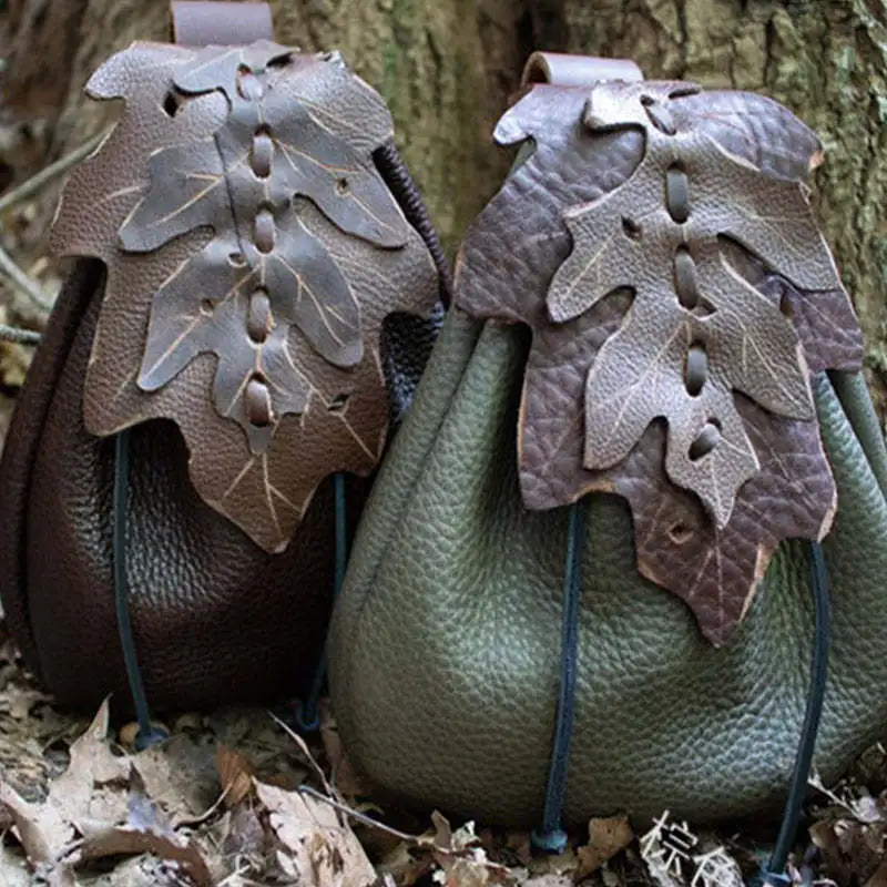 Renaissance Vintage Medieval Costume Accessory Leaf Pattern Leather Belt Pouch Steampunk Elf Viking Waist Bag Pouch Pack Hip Bag