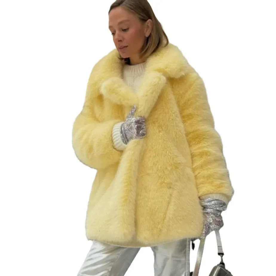 Autumn and winter thick warm artificial fur coat medium length fox fur coat casual high-quality fluffy jacket Abrigos De Peluche De Mujer 241112