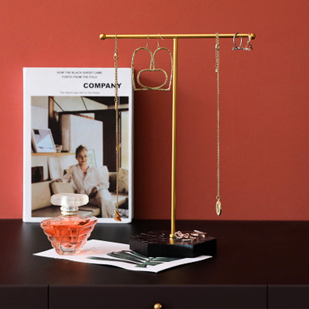 T-shaped Jewelry Shelf with Wood marble grain Base Minimalist Display Tower Metal for Bangles Necklaces Bracelets Rings Bag