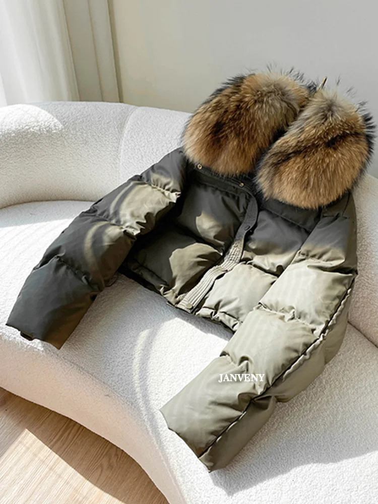 Janveny Real Natural Fur Winter Stand collar short Pu puff jacket womens thick duck style warm jacket 241112