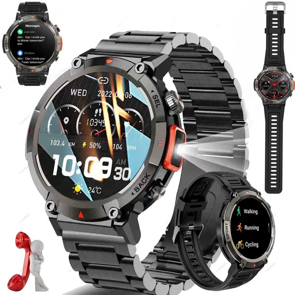 grade New 2024 Military men SmartWatch Bluetooth calling AMOLED Full touch screen With LED Flashlight Outdoor sports SmartWatch smile